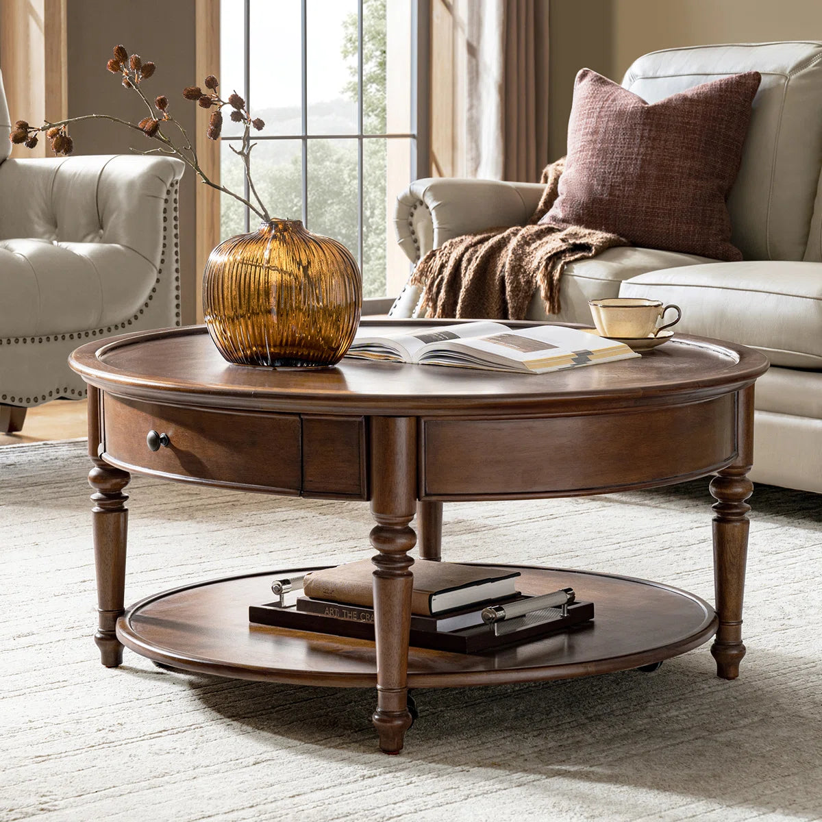 Nikolaus 39.5"W Traditional Solid Wood Base with Caster and Storage Coffee Table