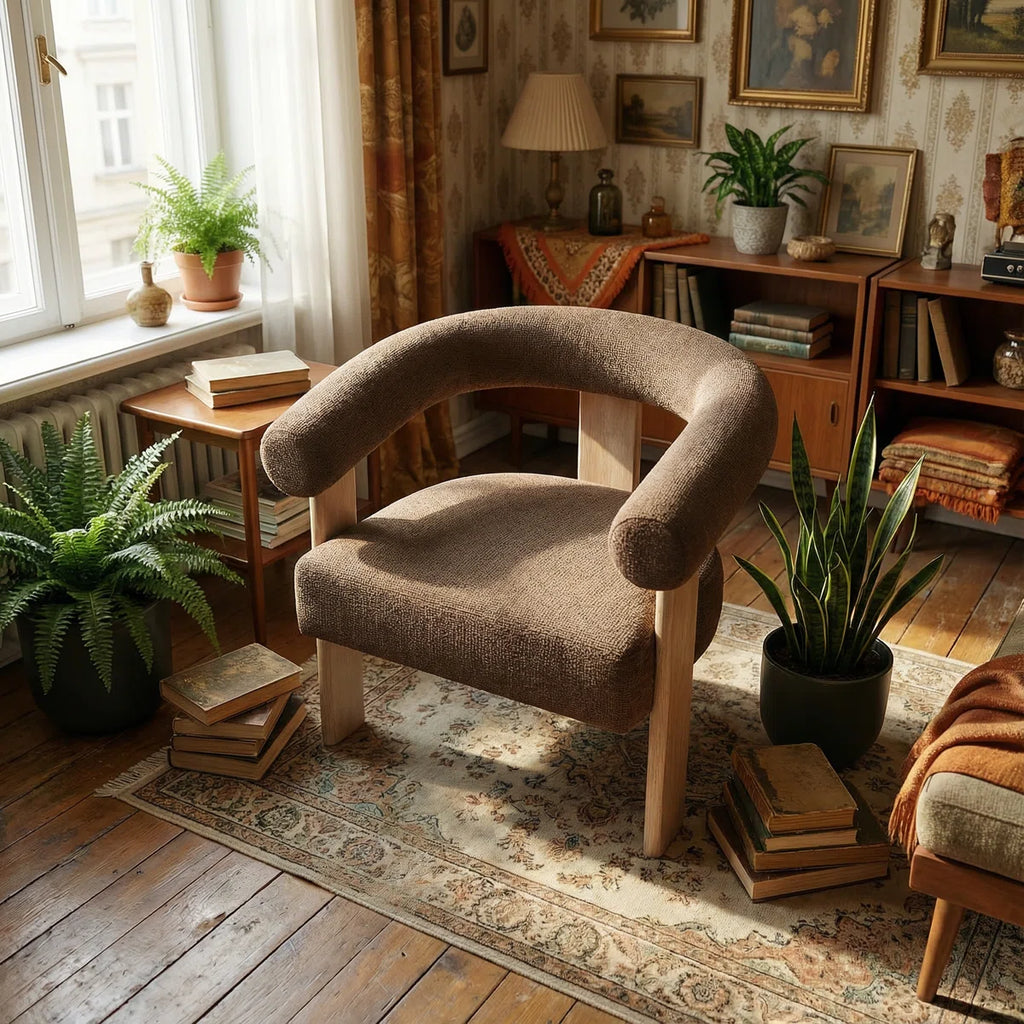 Modern Barrel Back Accent Chair with Solid Wood Three-Leg Frame
