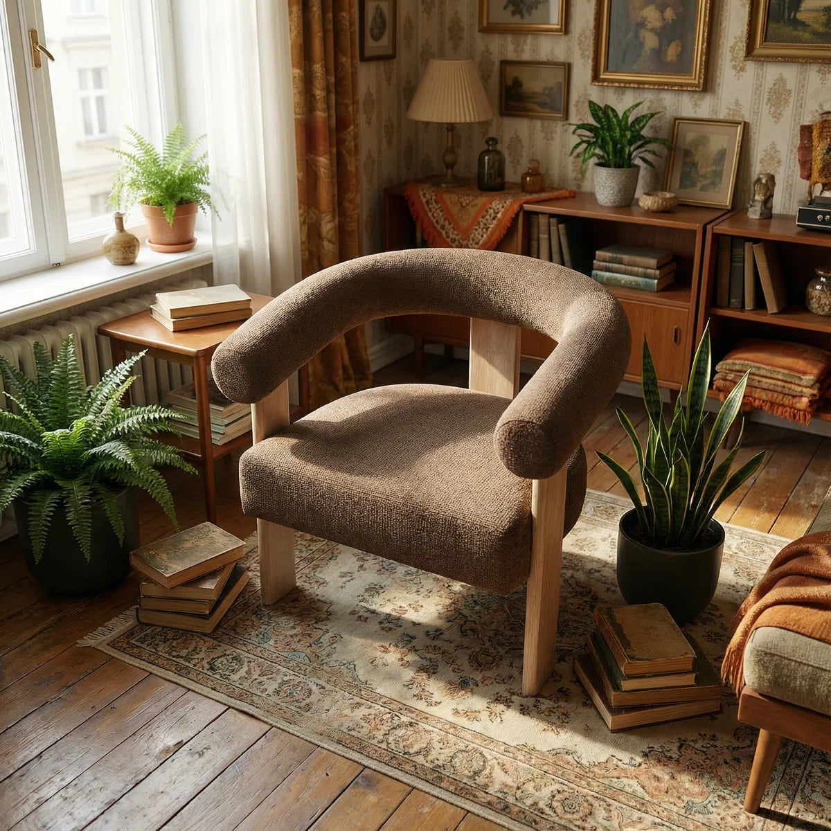 Modern Barrel Back Accent Chair with Solid Wood Three-Leg Frame