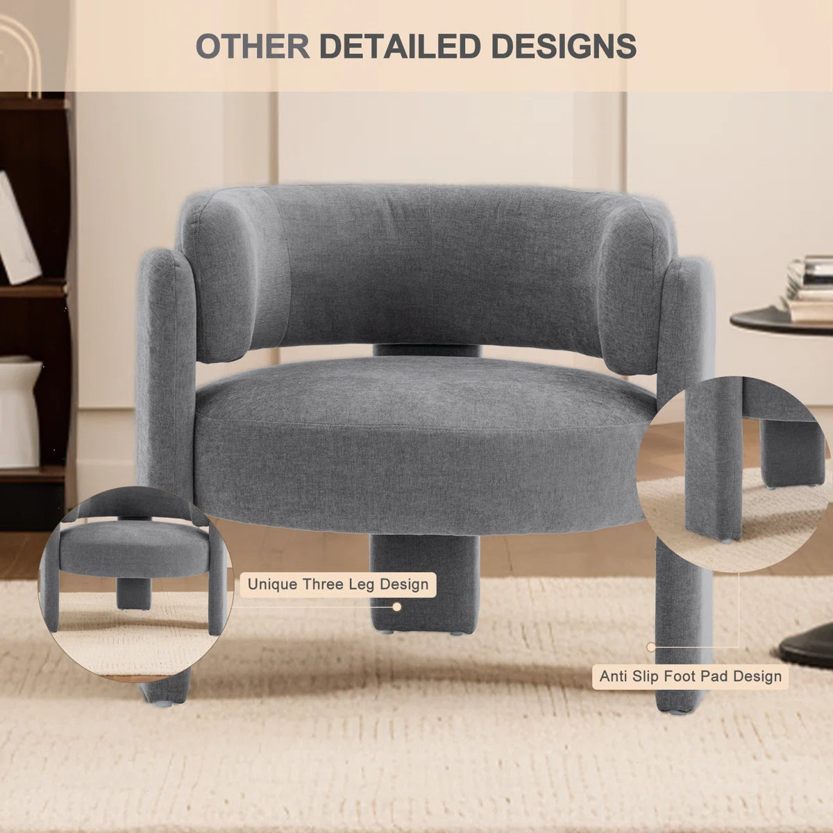 33" Modern Accent Chair with Curved Backrest and Three-Leg Base