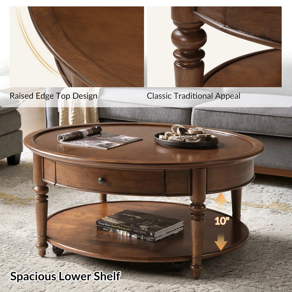 Nikolaus 39.5"W Traditional Solid Wood Base with Caster and Storage Coffee Table