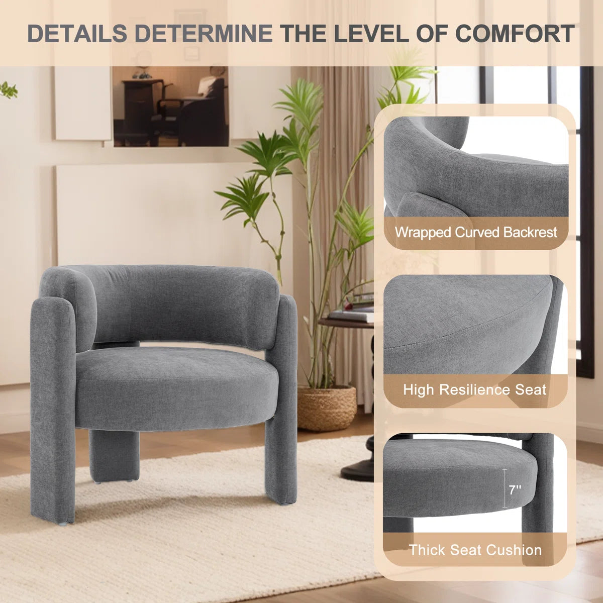 33" Modern Accent Chair with Curved Backrest and Three-Leg Base