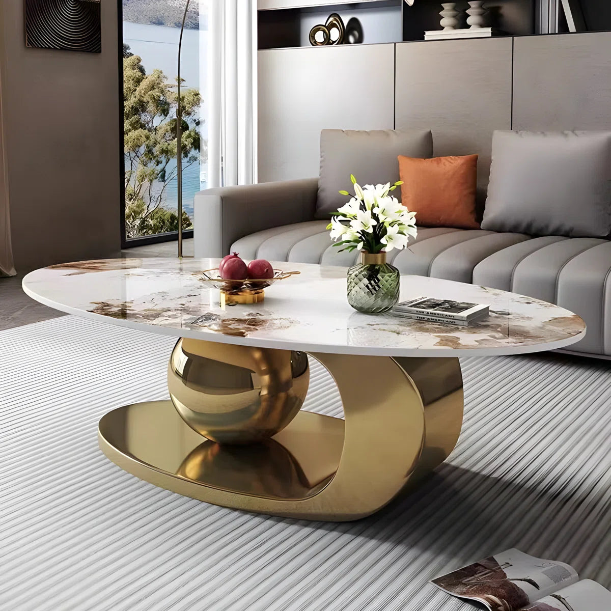 Delvan Oversize 51.2'' L Oval Countertop Coffee Table With Stainless Steel Base